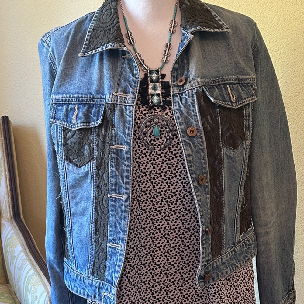 GAP Blue Denim Jacket with Black Lace Details